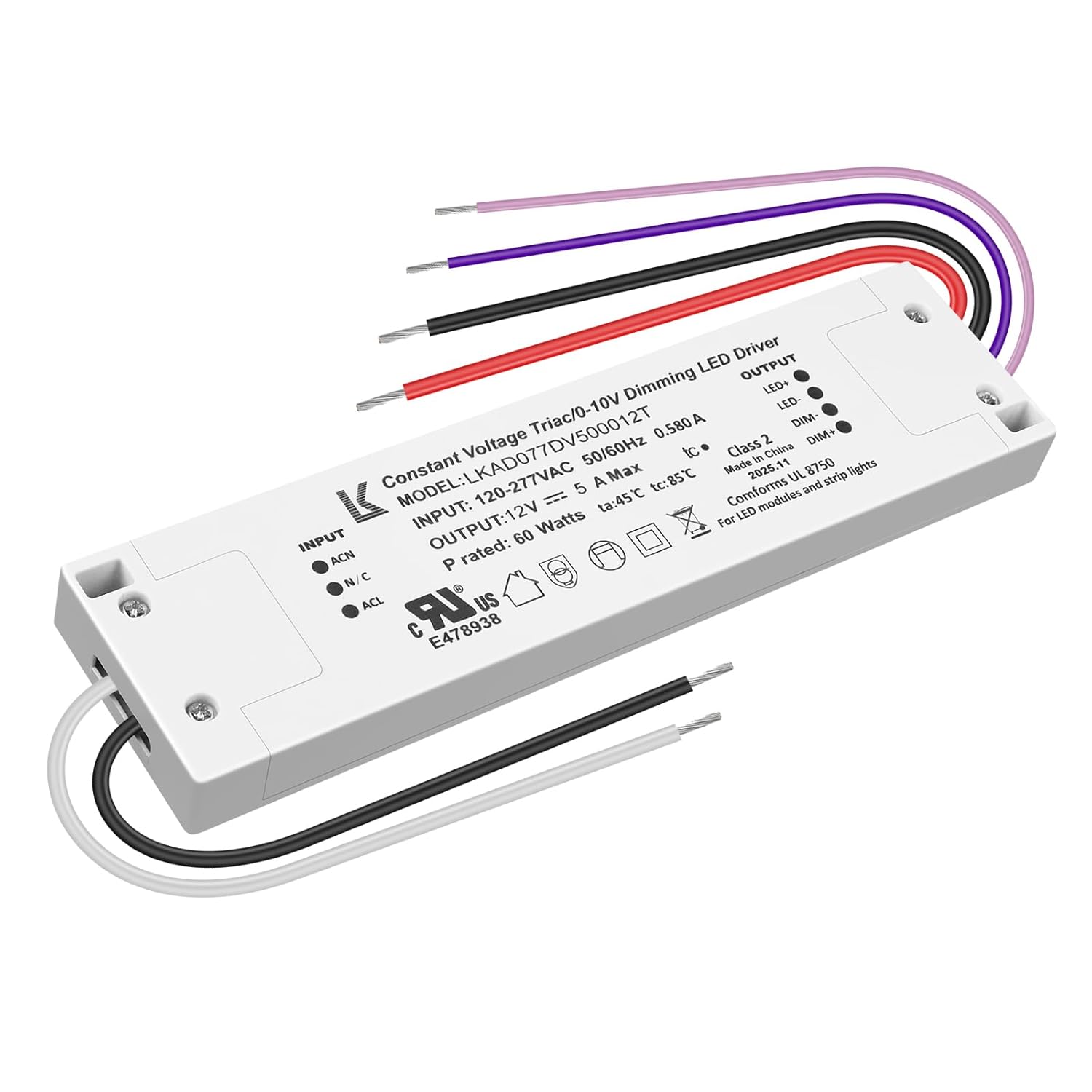 12V DC Plastic Case 5-in-1 Dimmable LED Power Supply, 60W, UL Listed, AC 120–277V Input, Waterproof Driver for Traic/ELV/0-10V/PWM/Resistive Control