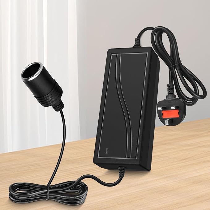 DC 12V Cigarette Lighter Desktop Power Supply Adapter 60W–120W, AC 100–240V Input, Converter Transformer with UK Plug — for Car Accessories, Air Pump, Cooler, and Electronics