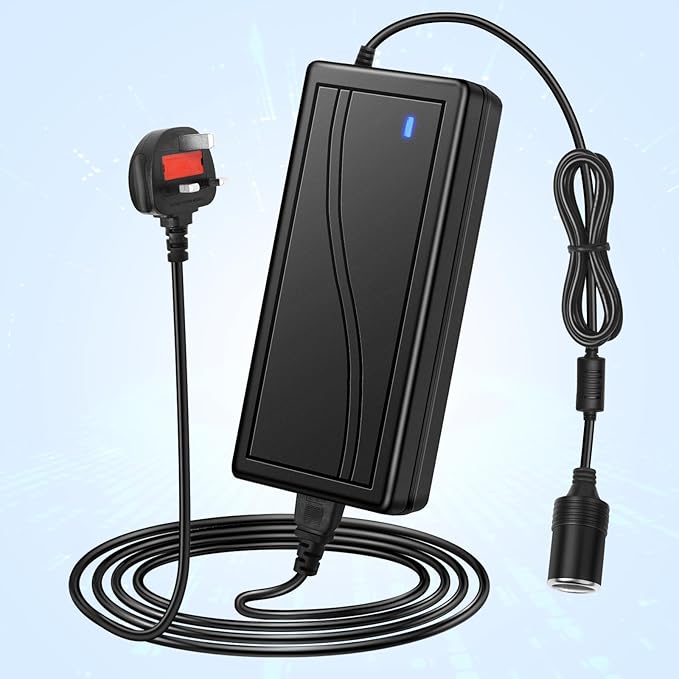 DC 12V Cigarette Lighter Desktop Power Supply Adapter 60W–120W, AC 100–240V Input, Converter Transformer with UK Plug — for Car Accessories, Air Pump, Cooler, and Electronics