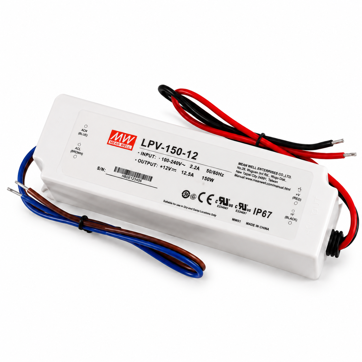 MEANWELL LPV Series IP67 Waterproof Switching Power Supply - 12V / 24V DC Output Voltage | 35W / 60W / 100W / 150W | AC90-264V | IP67 Waterproof | Plastic Housing | UL / CE Certified
