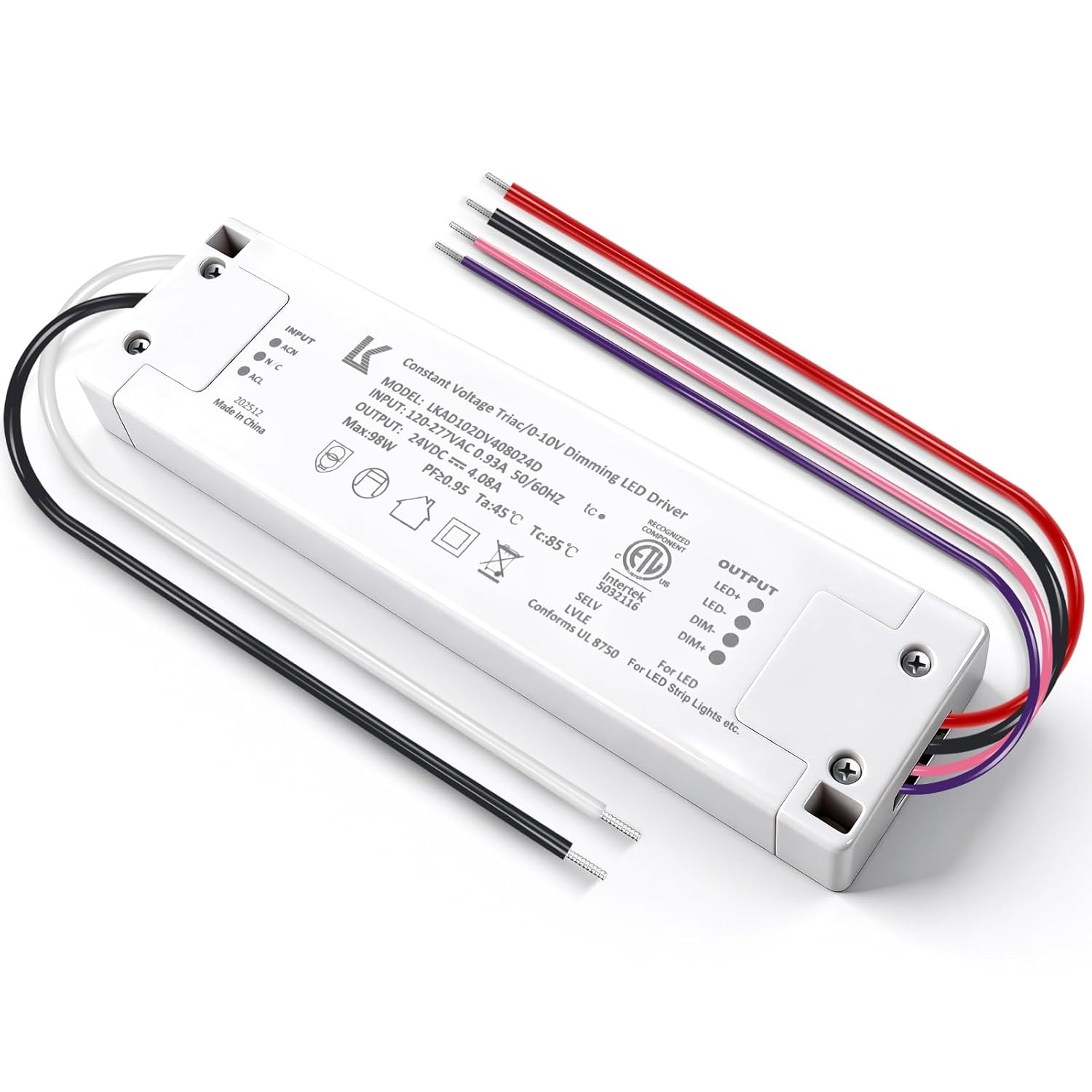 24V DC Plastic Case 5-in-1 Dimmable LED Power Supply, 100W, ETL Listed, AC 120–277V Input, Waterproof Driver for Traic/ELV/0-10V/PWM/Resistive Control
