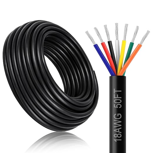 18 AWG Electrical Wire, 6/7/8 Conductor Stranded Tinned Copper Multi-Core Cable, Black/White PVC Flexible Control Extension Cord — 10/20/50m (33ft–165ft) Options