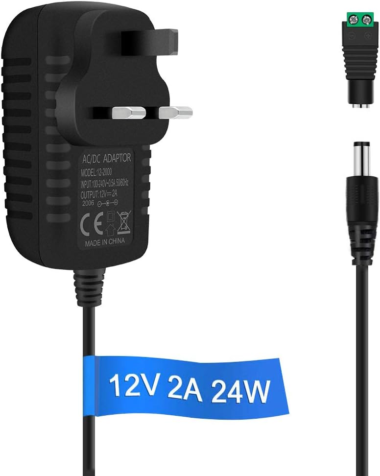 12V Power Supply Adapter 12W/24W, AC 100–240V Input, Wall Plug Transformer, Black Case — US/UK Plug, LED Driver for Strip/CCTV/Electronics