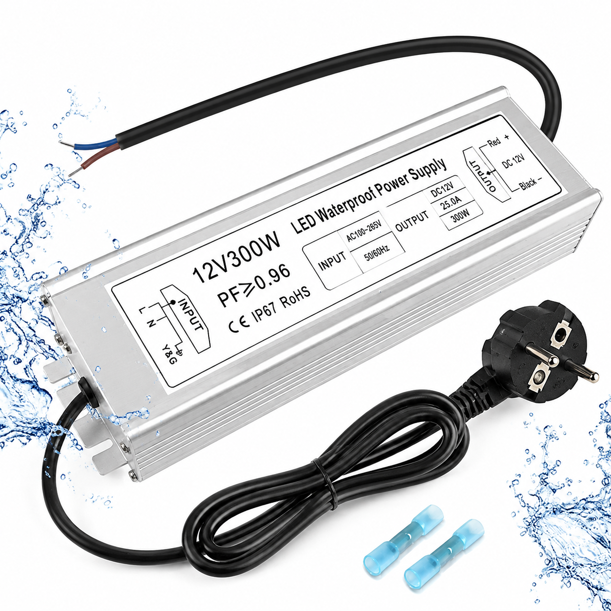 12V Waterproof LED Power Supply 300W, 90–265V Input, Single/Dual/Triple Wire Output, Aluminum Housing, Outdoor LED Driver, CE/RoHS/FCC —US/UK/EU Plug & Wire Leads Options