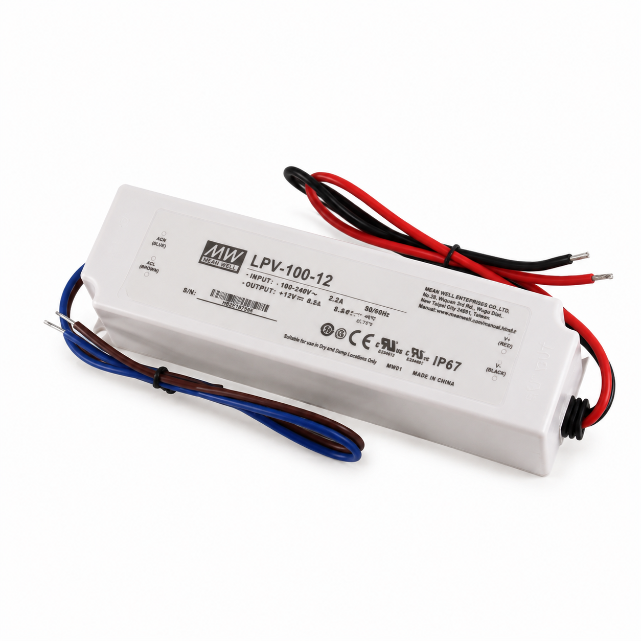 MEANWELL LPV Series IP67 Waterproof Switching Power Supply - 12V / 24V DC Output Voltage | 35W / 60W / 100W / 150W | AC90-264V | IP67 Waterproof | Plastic Housing | UL / CE Certified
