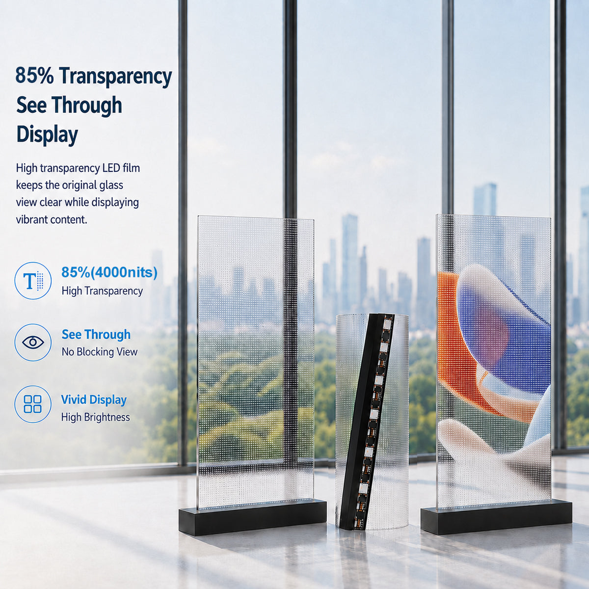 Film adhésif LED haute transparence P6.25 – 400 × 1 000 mm (15,75 × 39,37 po) | 2 000/4 000 nits | Affichage autocollant en verre transparent à 90 % pour vitrines et murs intérieurs en verre | Plusieurs options de kit | Prêt à l'emploi