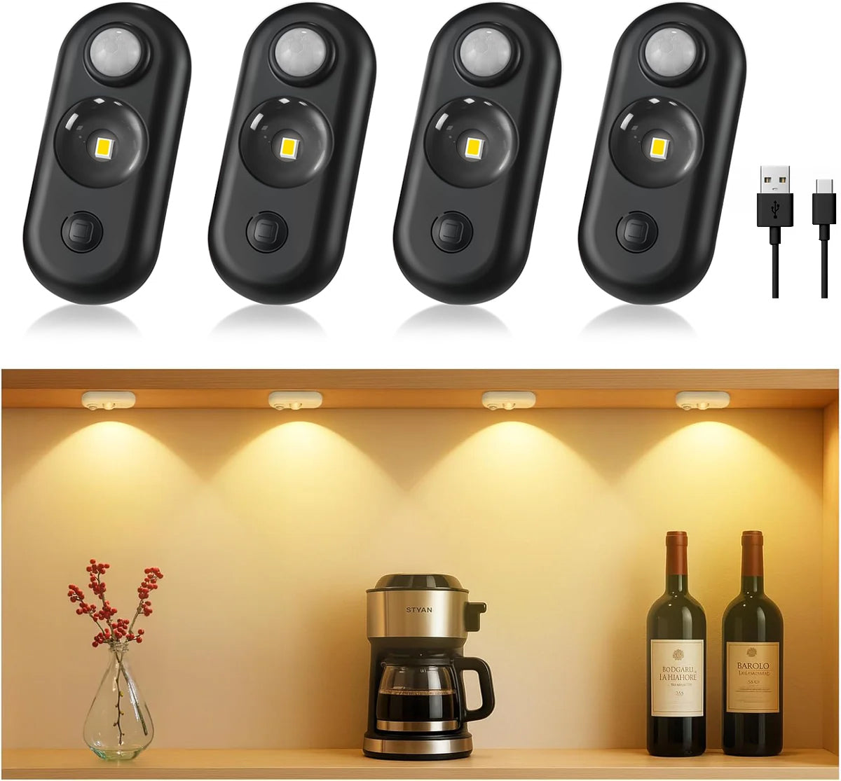 4er/6er-Pack wiederaufladbare ovale LED-Schrankleuchte | Bewegungssensor, Tippschalter, dimmbar | Warm-/Tageslichtweiß | Schwarz-/Weiß-Finish | Magnethalterung für Schränke und Vitrinen 