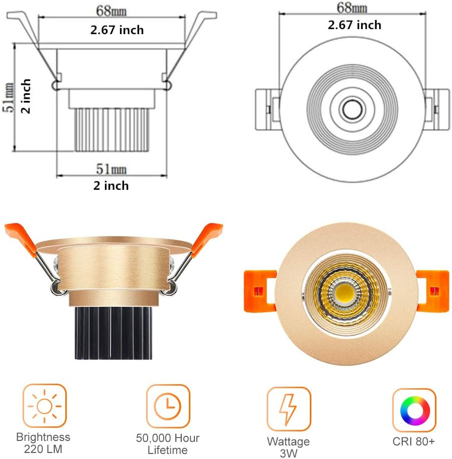 ECO-2 Series Adjustable COB LED Recessed Downlight – Gold Housing – TRIAC Dimmable – 3W/5W/9W – 4-Pack/10-Pack – 3000K–6000K – 100–130V / 200–240V