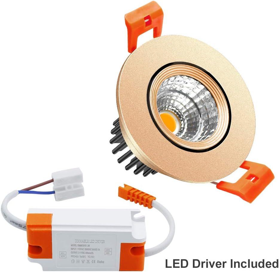 ECO-2 Series Adjustable COB LED Recessed Downlight – Gold Housing – TRIAC Dimmable – 3W/5W/9W – 4-Pack/10-Pack – 3000K–6000K – 100–130V / 200–240V