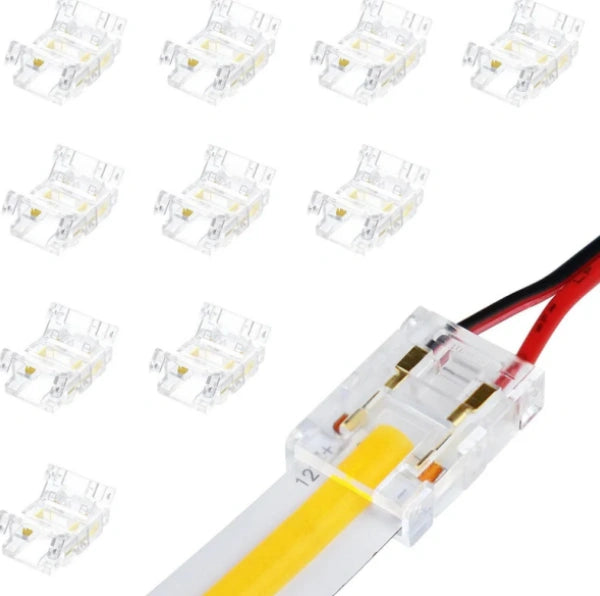 Transparent Crystal LED Strip Connectors – 10mm 2Pin Solderless Clips | Strip to Wire / Strip to Strip / DC Adapter – Bulk Wholesale 500pcs MOQ | Factory Direct