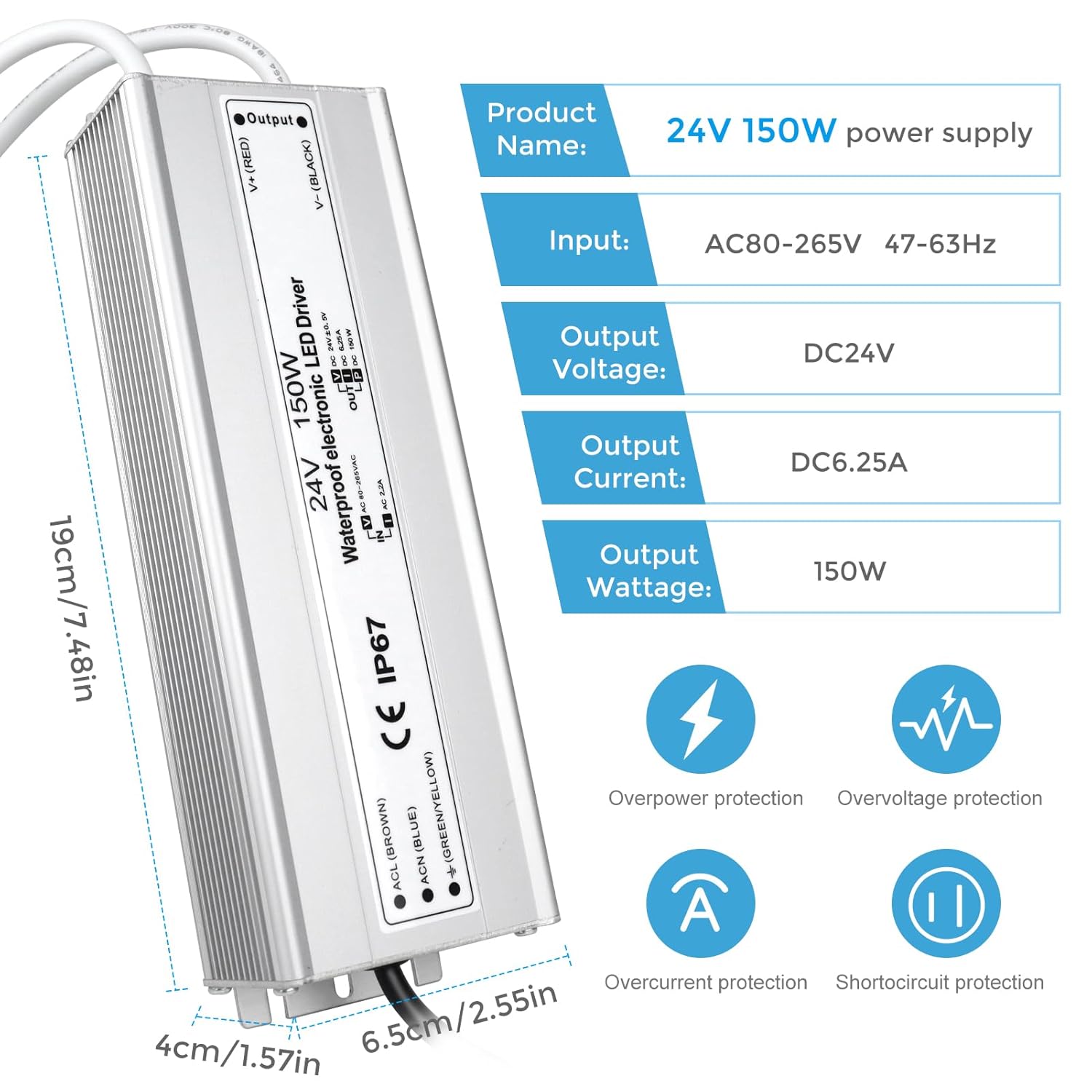 24V Waterproof LED Power Supply 30W–300W, 90–265V Input, Single/Dual Wire Output, Outdoor LED Driver, CE/RoHS/FCC — US/UK/EU Plug & Wire Leads Options