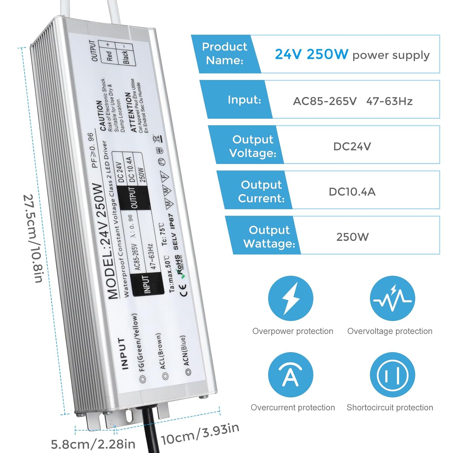 24V Waterproof LED Power Supply 30W–300W, 90–265V Input, Single/Dual Wire Output, Outdoor LED Driver, CE/RoHS/FCC — US/UK/EU Plug & Wire Leads Options
