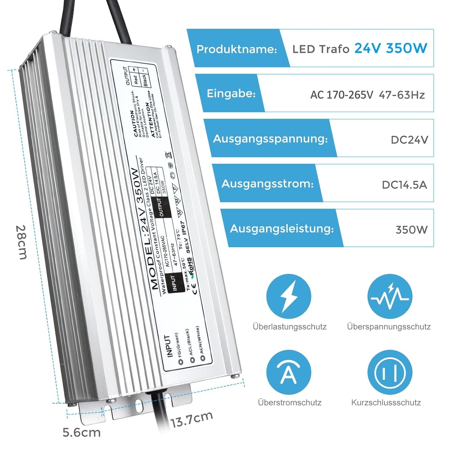 Wasserdichter 24-V-LED-Treiber, 175–265 V Eingang, 200–500 W, Einzel-/Doppelkabelausgang, Netzteil für den Außenbereich, CE/RoHS/FCC – UK/EU-Stecker und Kabeloptionen 