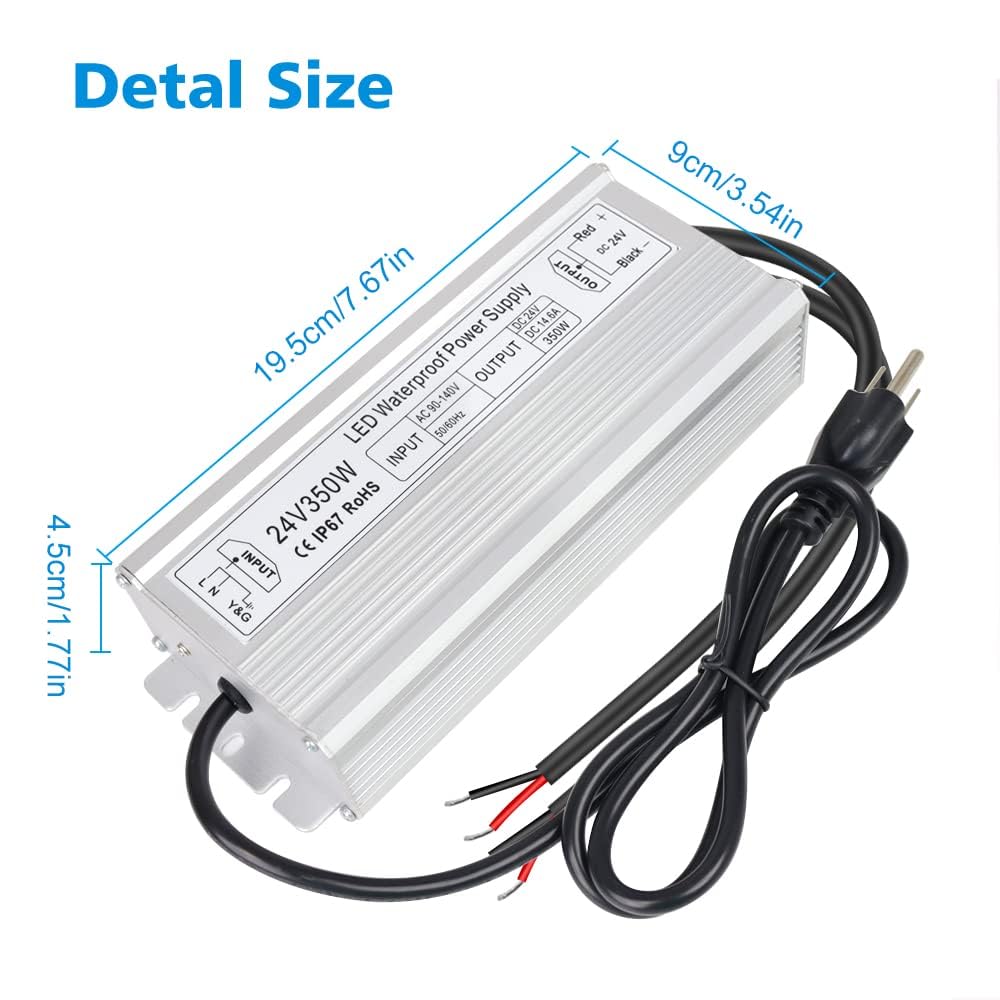24V Waterproof LED Transformer, 90–140V Input, 200W–500W, Single/Dual Wire Output, CE/RoHS/FCC — US Plug & Wire Leads, Outdoor Lighting Adapter