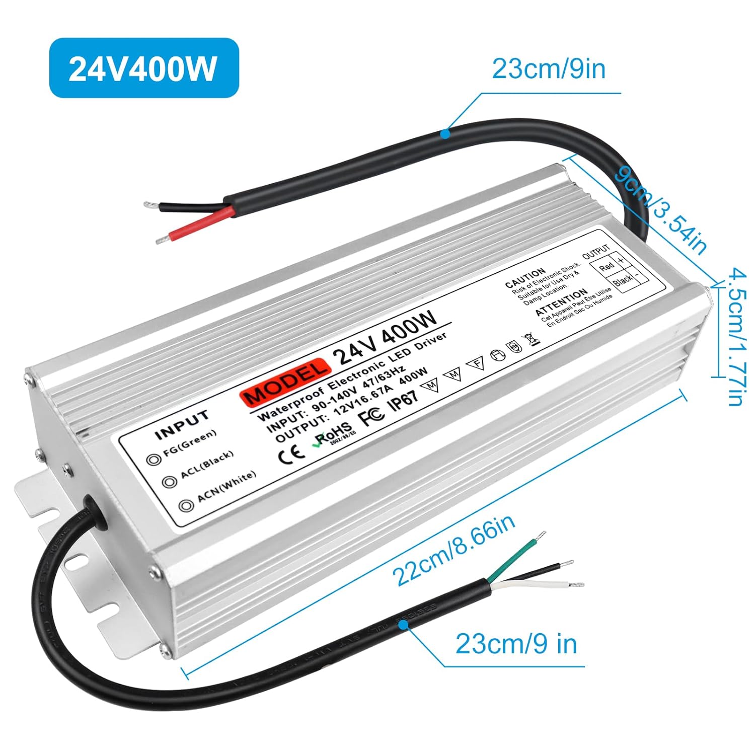 24V Waterproof LED Transformer, 90–140V Input, 200W–500W, Single/Dual Wire Output, CE/RoHS/FCC — US Plug & Wire Leads, Outdoor Lighting Adapter