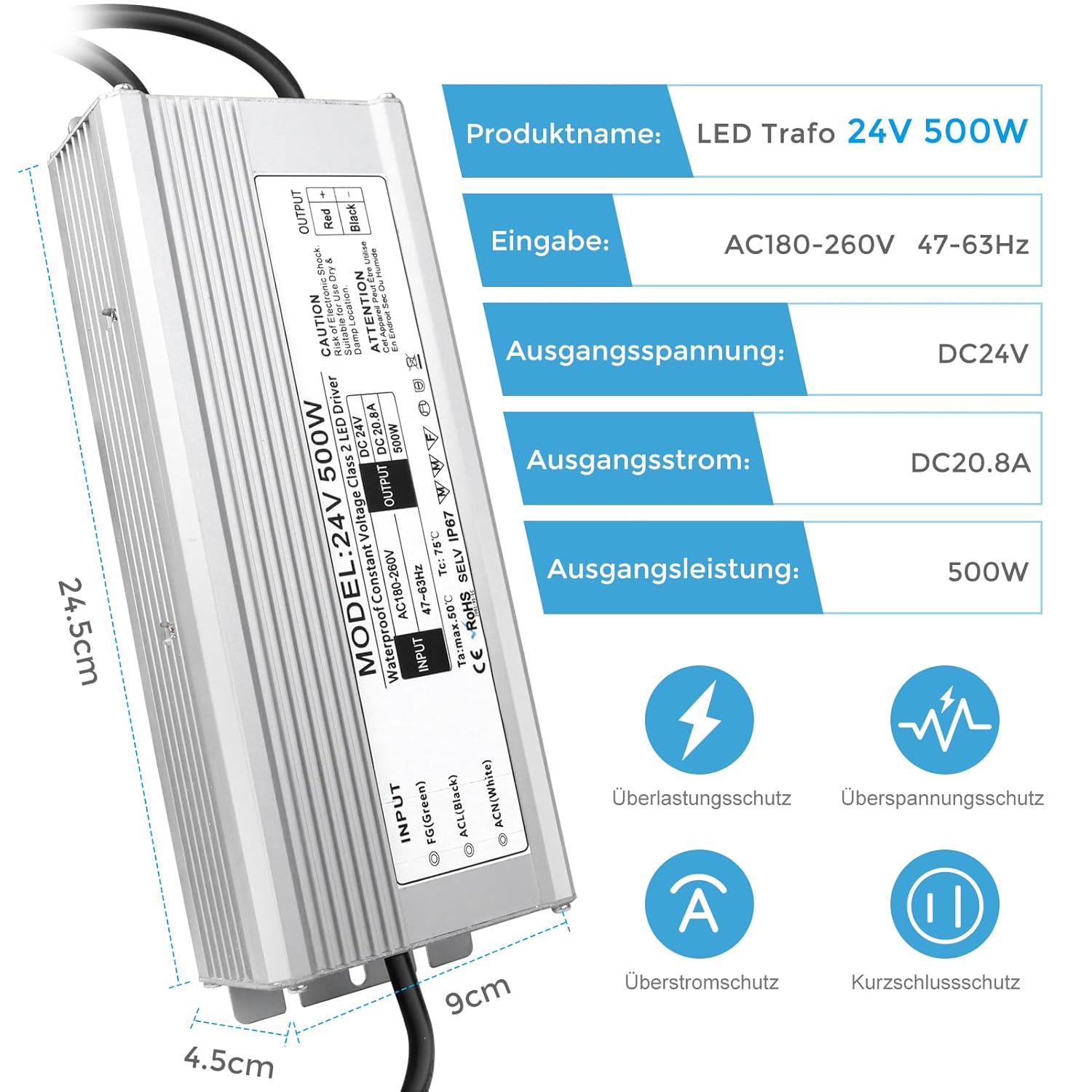 Wasserdichter 24-V-LED-Treiber, 175–265 V Eingang, 200–500 W, Einzel-/Doppelkabelausgang, Netzteil für den Außenbereich, CE/RoHS/FCC – UK/EU-Stecker und Kabeloptionen 
