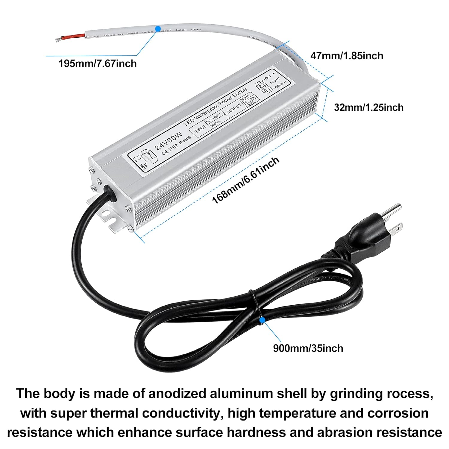 24V Waterproof LED Power Supply 30W–300W, 90–265V Input, Single/Dual Wire Output, Outdoor LED Driver, CE/RoHS/FCC — US/UK/EU Plug & Wire Leads Options
