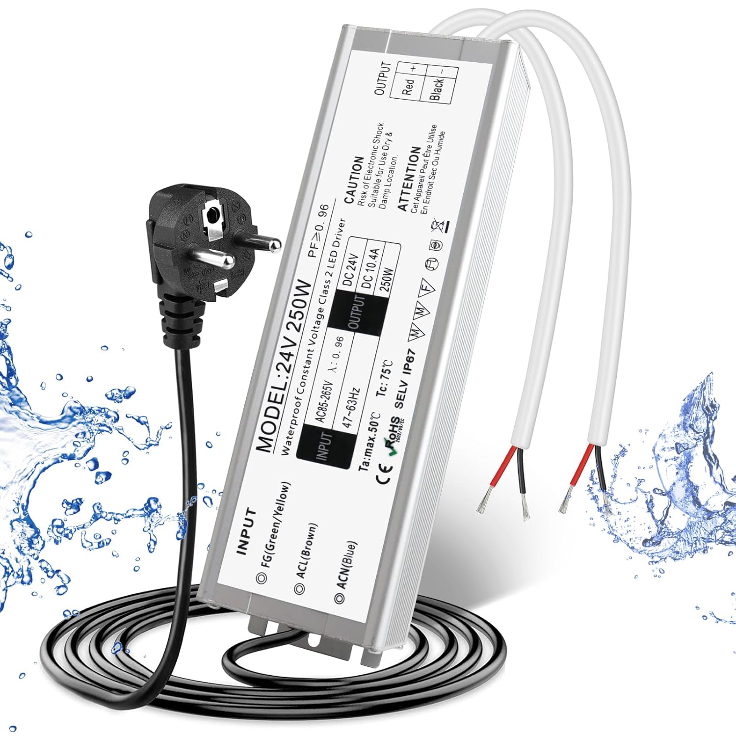 24V Waterproof LED Power Supply 30W–300W, 90–265V Input, Single/Dual Wire Output, Outdoor LED Driver, CE/RoHS/FCC — US/UK/EU Plug & Wire Leads Options