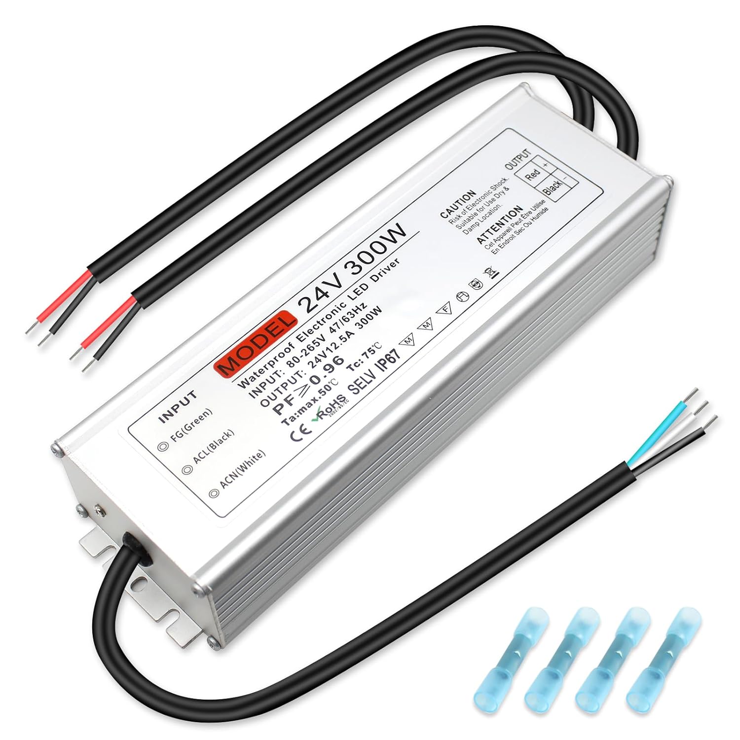 24V Waterproof LED Power Supply 30W–300W, 90–265V Input, Single/Dual Wire Output, Outdoor LED Driver, CE/RoHS/FCC — US/UK/EU Plug & Wire Leads Options