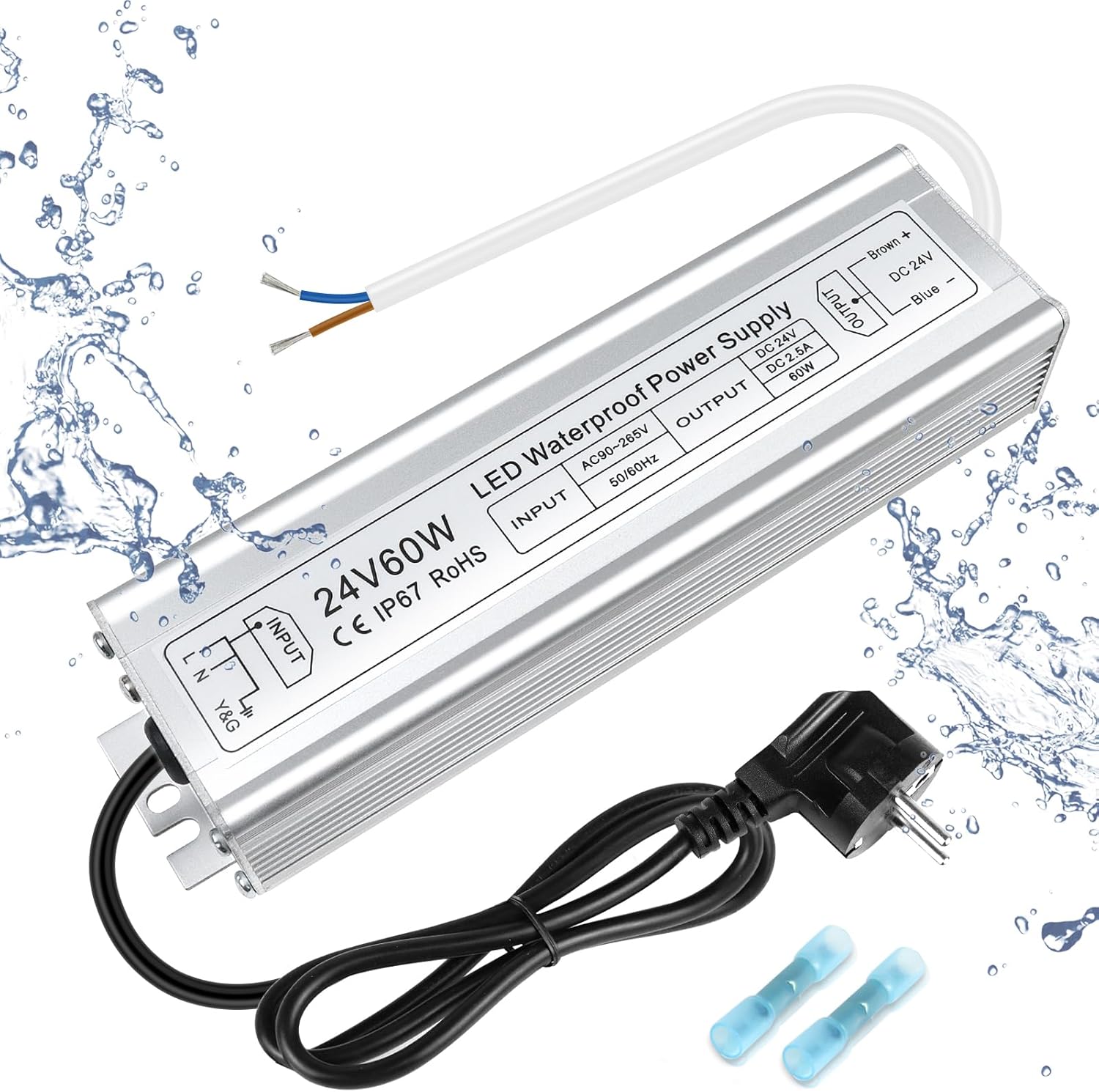 24V Waterproof LED Power Supply 30W–300W, 90–265V Input, Single/Dual Wire Output, Outdoor LED Driver, CE/RoHS/FCC — US/UK/EU Plug & Wire Leads Options