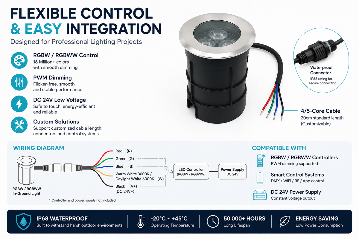 10er-Pack RGBW IP68 wasserdichte LED-Untergrundleuchte für den Außenbereich, 4 W, 24 V, Deckleuchte, Erdlampe, Strahler für Wege, Auffahrten, Gärten, Einbaulandschaften mit Edelstahlgehäuse, PC-Abdeckung, gehärtete Glaslinse
