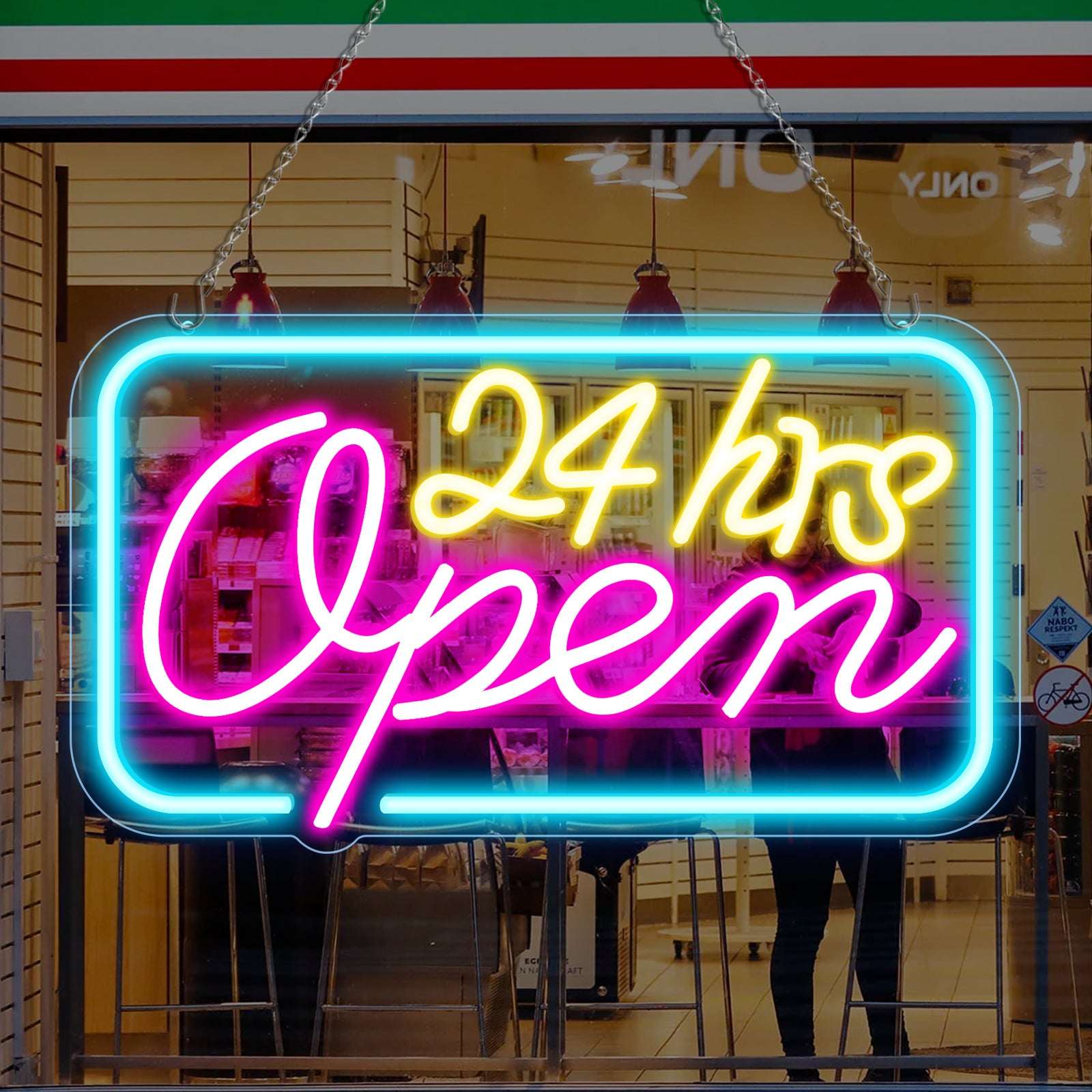 24hrs Open Neon Sign – Ice Blue, Yellow & Purple Glow | 16×9 inch (40×23 cm) | Window Hanging Light for 24 Hour Stores Plug & Play