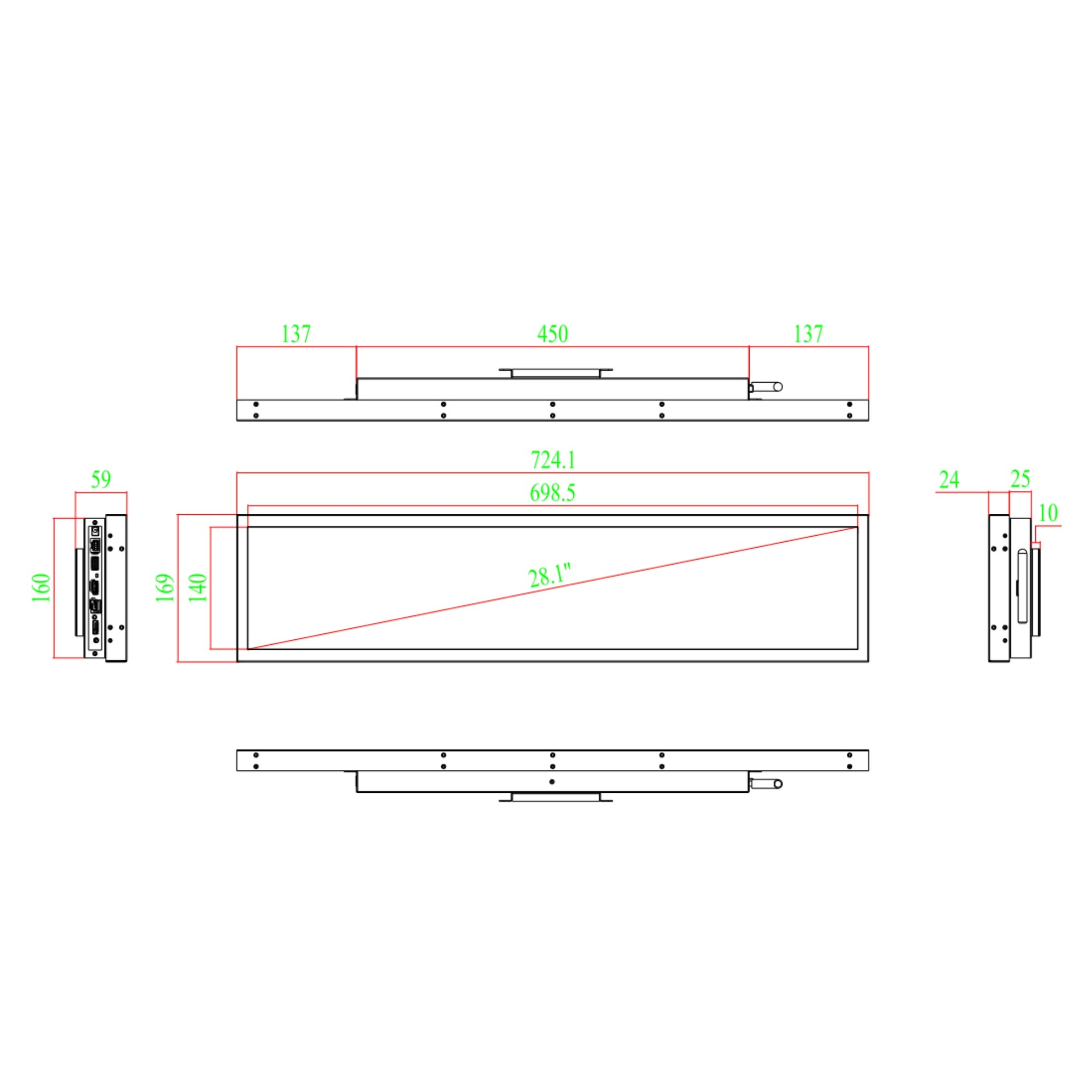 28.1 Inch (597.5×224mm Viewable) Android Stretched LCD Bar Display for Store Shelves | Optional Capacitive Touch | Cloud Platform / Mobile App / USB Media