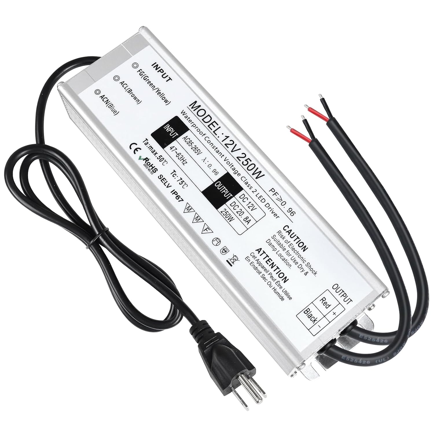 12V Waterproof LED Power Supply 30W–300W, 90–265V Input, Single/Dual Wire Output, Outdoor LED Driver, CE/RoHS/FCC —US/UK/EU Plug & Wire Leads Options