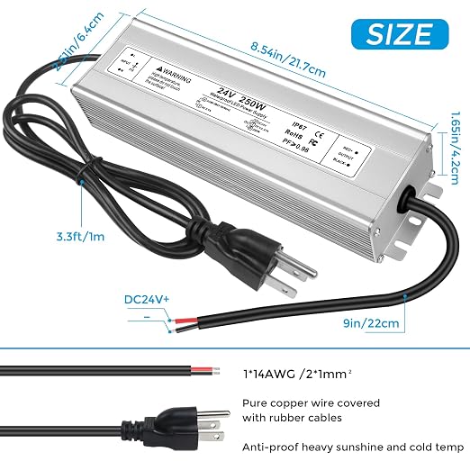 Wasserdichtes 24-V-LED-Netzteil, 30–300 W, 90–265 V Eingang, Einzel-/Doppelkabelausgang, LED-Treiber für den Außenbereich, CE/RoHS/FCC – Optionen für US-/UK-/EU-Stecker und Kabel 