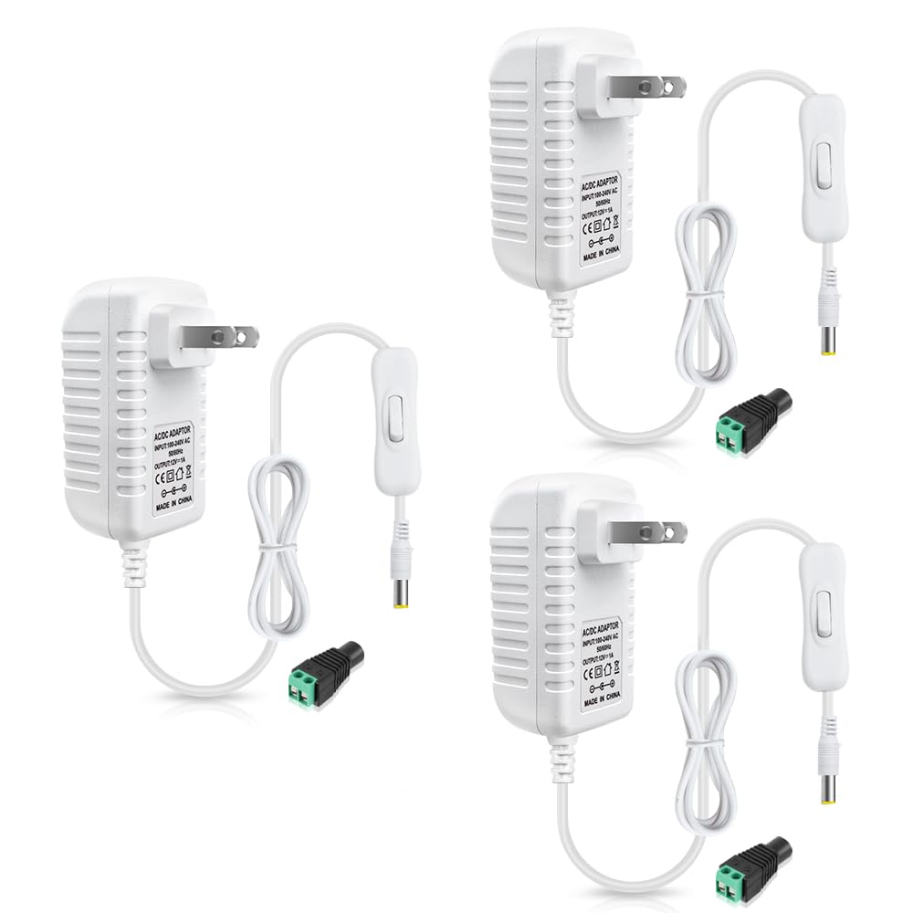 12V Power Supply Adapter 12W/24W/36W, AC 100–240V Input, Wall Plug Transformer, White Case — US Plug, LED Driver for Strip/CCTV/Electronics
