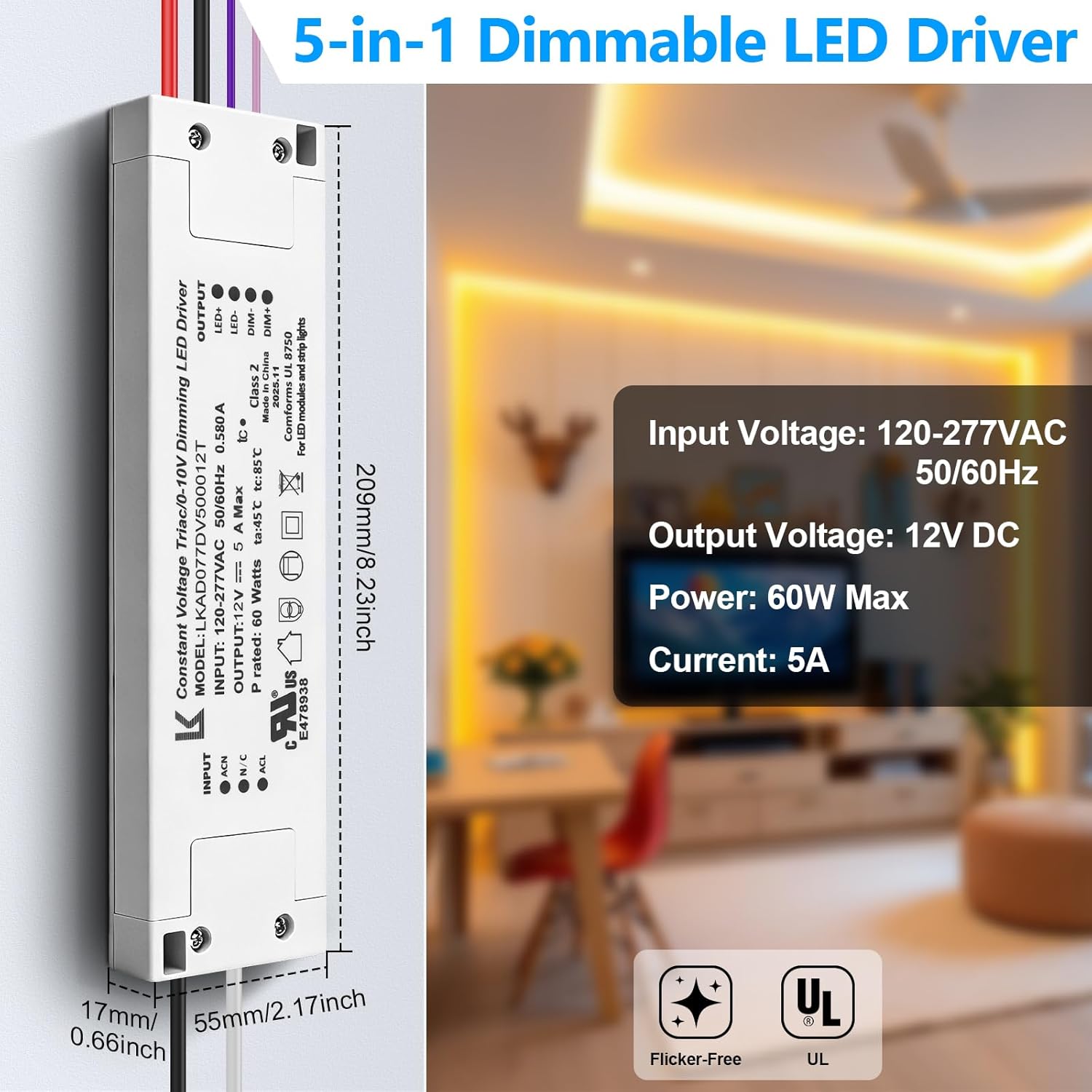 12V DC Plastic Case 5-in-1 Dimmable LED Power Supply, 60W, UL Listed, AC 120–277V Input, Waterproof Driver for Traic/ELV/0-10V/PWM/Resistive Control