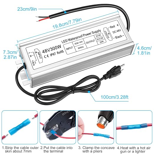 48-V-LED-Treiber, 90–140 V Eingang, 100–400 W, Konstantspannungsnetzteil mit Einzelausgang, wasserdicht nach IP67, CE/RoHS/FCC – Optionen für US-Stecker und Kabel 