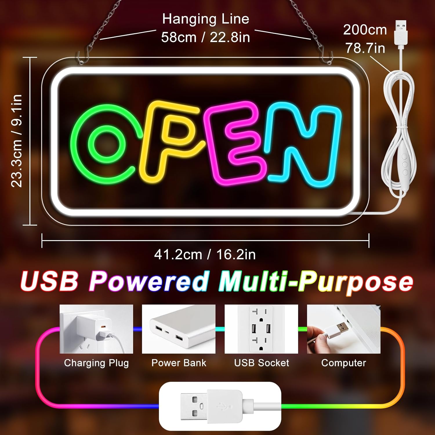 OPEN Neon Sign – USB Powered | 17×9 inch (43×22 cm) | Horizontal or Vertical Style | Multicolor LED Light for Storefront & Business Decor