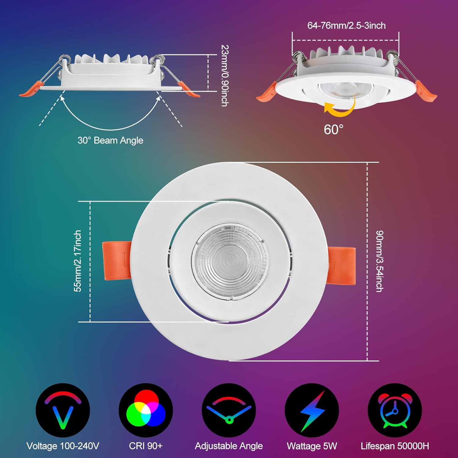 Smart WiFi Recessed Lighting | 3Inch 5W | Ultra-Thin 60° Adjustable Downlight | Dimmable RGB & CCT 2700-6500K | 85–240V | White Housing | Compatible with Alexa and Google Home | 4 -Pack