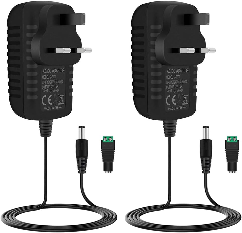 12V Power Supply Adapter 12W/24W, AC 100–240V Input, Wall Plug Transformer, Black Case — US/UK Plug, LED Driver for Strip/CCTV/Electronics