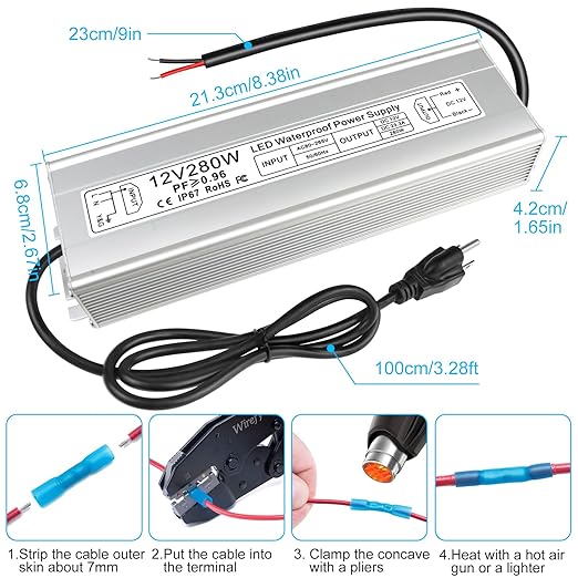 12V Waterproof LED Power Supply 30W–280W, 90–265V Input, Single/Dual Wire Output, Aluminum Housing, Outdoor LED Driver, CE/RoHS/FCC —US/UK/EU Plug & Wire Leads Options