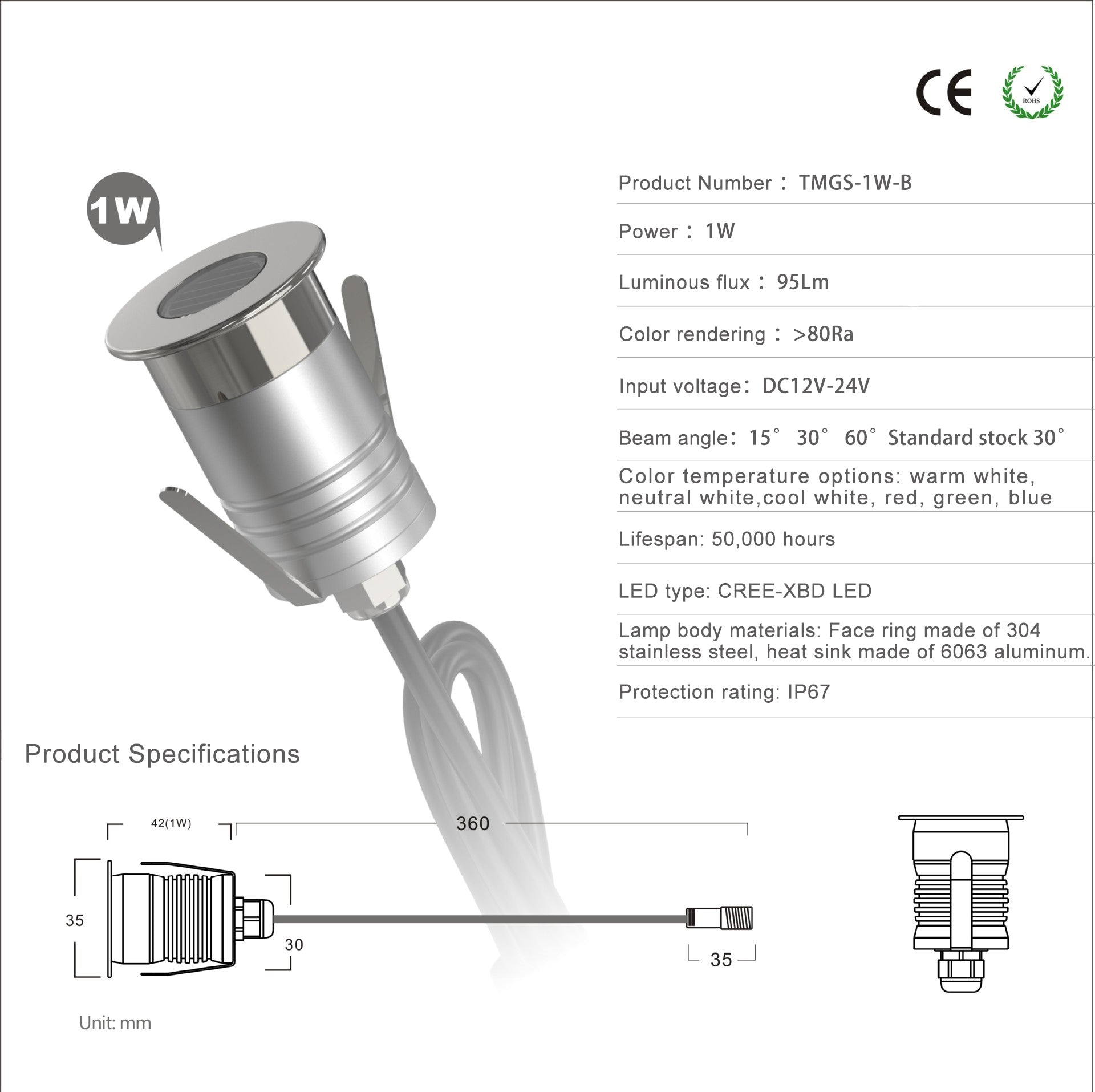 8/10-Pack Anti-Glare Grille Low Voltage LED Step Lights – 1W / 3W | 3000K / 4000K / 6000K  | DC12–24V | IP67 Waterproof Stainless Steel Anti-Glare Step & Path Lights