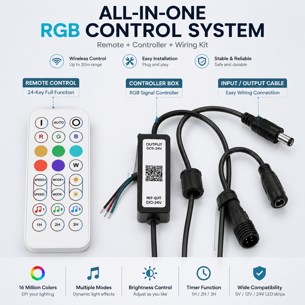 RGB LED Strip Controller – DC5V-24V | Waterproof Wireless RGB Controller with 24-Key Bluetooth Remote | For LED Strips