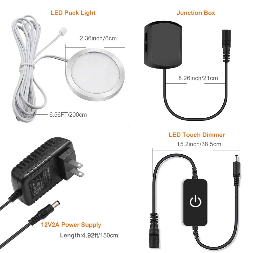 3 / 6 Pack LED Puck Cabinet Lights – Warm White / Daylight White | Silver Finish | 12V Adapter with US / UK Plug | Touch Dimmable | Adhesive Mount | for Kitchen & Under Cabinet