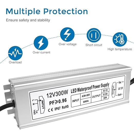 12V Waterproof LED Power Supply 300W, 90–265V Input, Single/Dual/Triple Wire Output, Aluminum Housing, Outdoor LED Driver, CE/RoHS/FCC —US/UK/EU Plug & Wire Leads Options