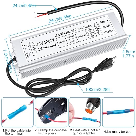 48V LED Driver, 90–140V Input, 100W–400W, Single Output Constant Voltage Power Supply, Aluminum Housing, IP67 Waterproof, CE/RoHS/FCC — US Plug & Wire Leads Options