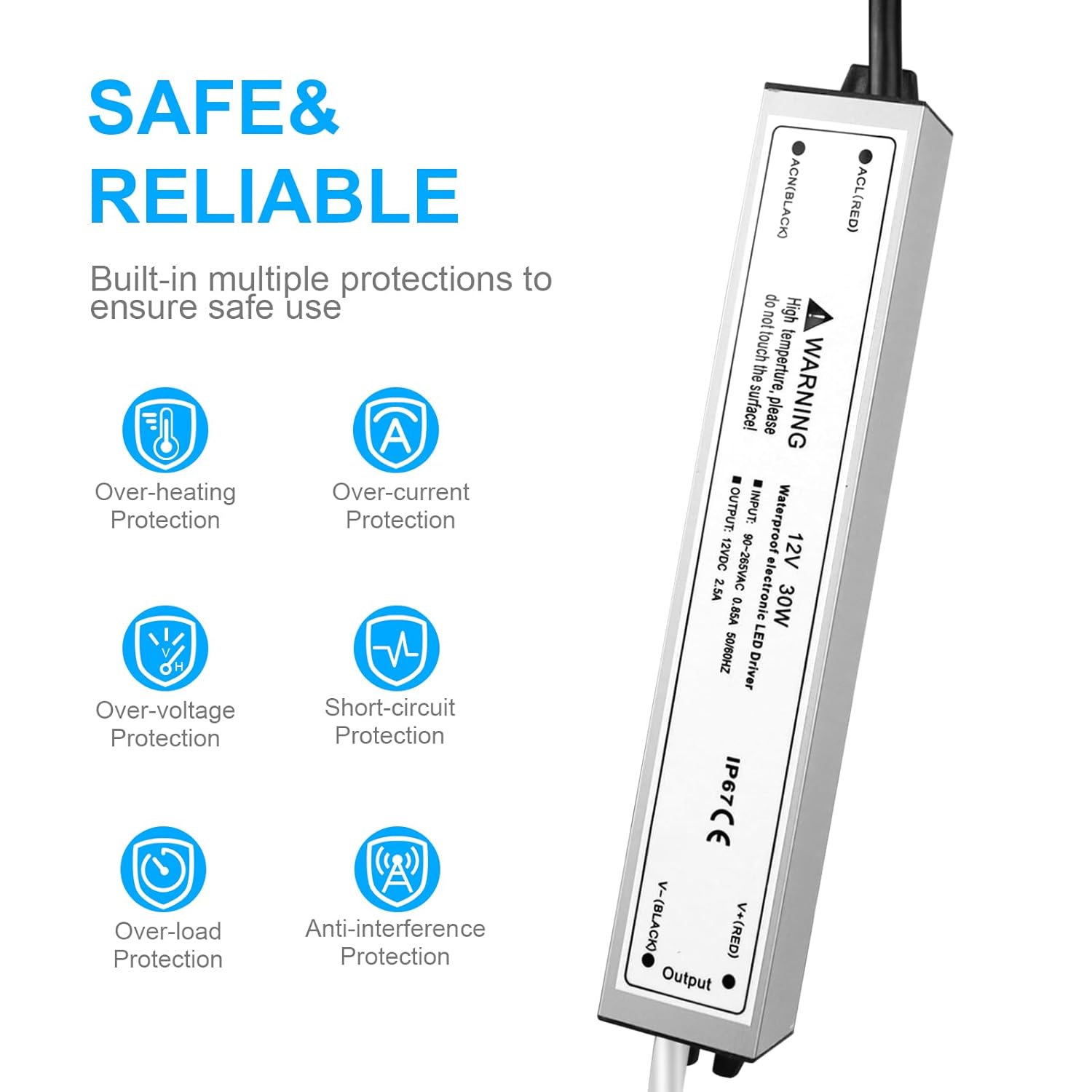 12V Waterproof LED Power Supply 30W–300W, 90–265V Input, Single/Dual Wire Output, Outdoor LED Driver, CE/RoHS/FCC —US/UK/EU Plug & Wire Leads Options