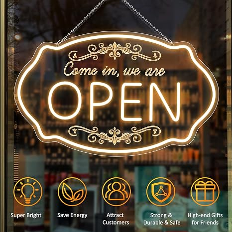 WE ARE OPEN COME IN LED Silicone Neon Sign – 23.5×14 Inch & 16.5×10 Inch | 5V USB Powered Dimmable Light with Engraved Back Design for Storefront Window & Business Decor