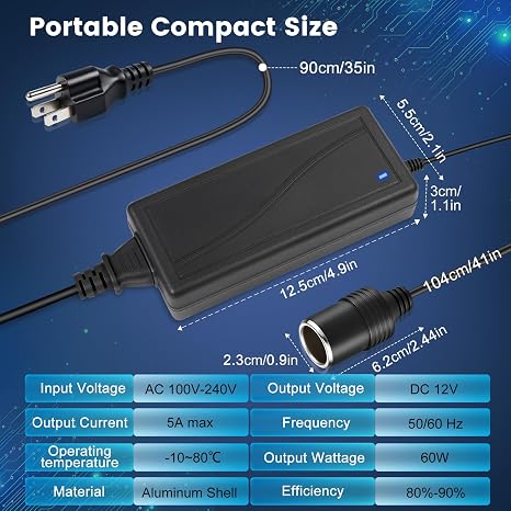 DC 12V Cigarette Lighter Desktop Power Supply Adapter 60W/120W/180W, AC 100–240V Input, Converter Transformer with US Plug — for Car Accessories, Air Pump, Cooler, and Electronics