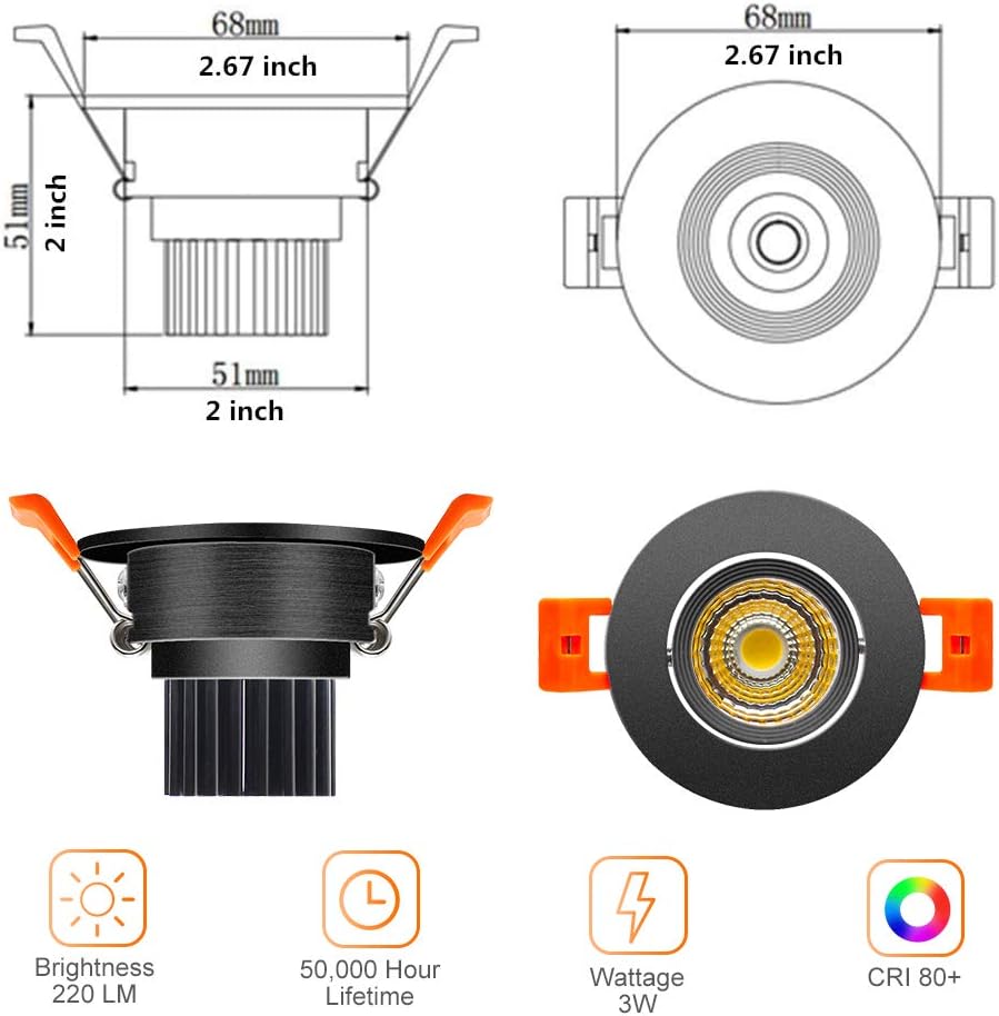 ECO-2 Series Adjustable COB LED Recessed Downlight – Black Housing – TRIAC Dimmable – 3W/5W/9W – 4-Pack/10-Pack – 3000K–6000K – 100–130V / 200–240V