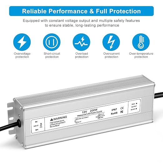 12V Waterproof LED Transformer, 90–140V Input, 200W–500W, Single/Dual Wire Output, Aluminum Housing, CE/RoHS/FCC — US Plug & Wire Leads Options