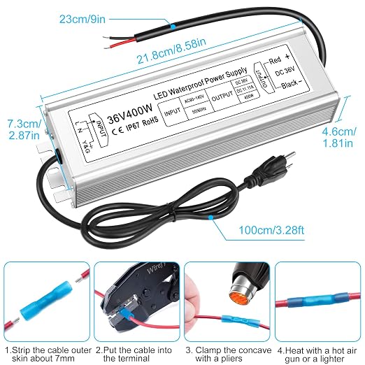 36V LED Driver, 90–140V Input, 100W–400W, Single Output Constant Voltage Power Supply, Aluminum Housing, IP67 Waterproof, CE/RoHS/FCC — US Plug & Wire Leads Options
