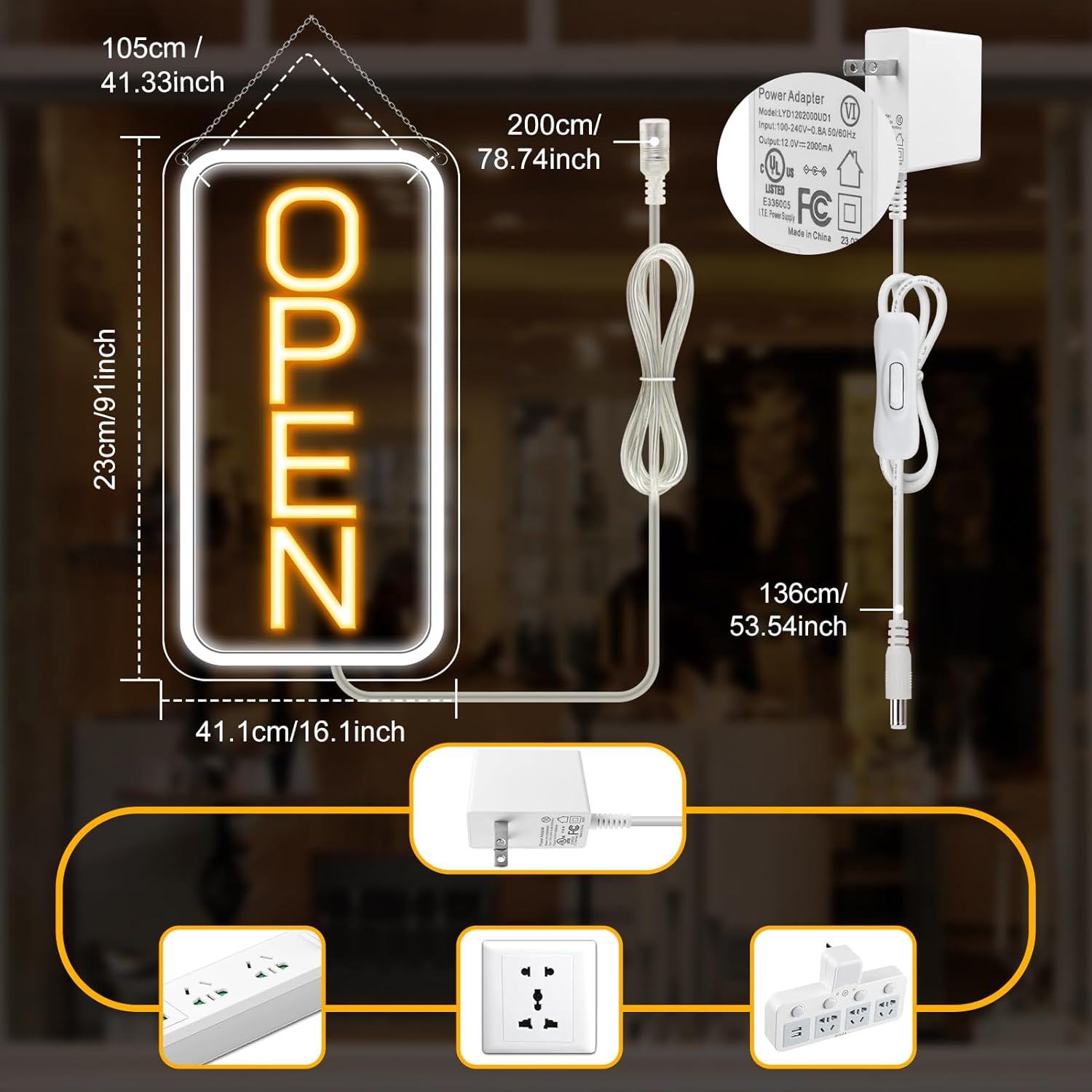 OPEN Neon LED Sign – Vertical Rectangular | 5 Glow Color Options | 16×9 / 23×12 inch | Window Hanging | Plug & Play for Storefronts