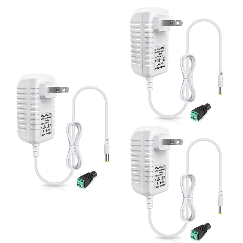 12V Power Supply Adapter 12W/24W/36W, AC 100–240V Input, Wall Plug Transformer, White Case — US Plug, LED Driver for Strip/CCTV/Electronics