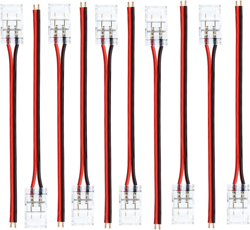Transparent Crystal LED Strip Connectors – 8mm 2Pin Solderless Clips | Strip to Wire / Strip to Strip / DC Adapter / L – Bulk Wholesale 500pcs MOQ | Factory Direct